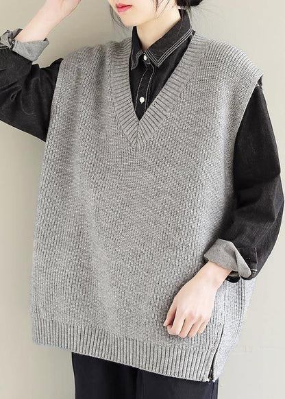 Vintage Light Gray Knitwear Plus Size Clothing V Neck Sleeveless Knit Blouse - SooLinen