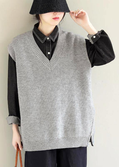 Vintage Light Gray Knitwear Plus Size Clothing V Neck Sleeveless Knit Blouse - SooLinen