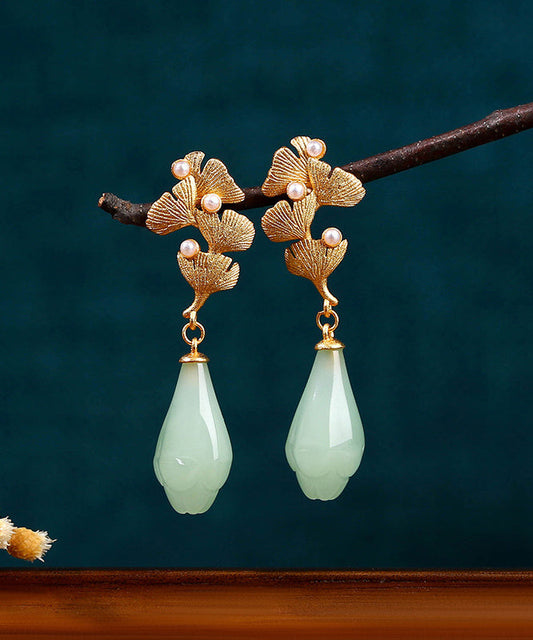 Pendientes vintage de cobre verde claro con perla dorada y hoja de ginkgo en forma de gota de agua