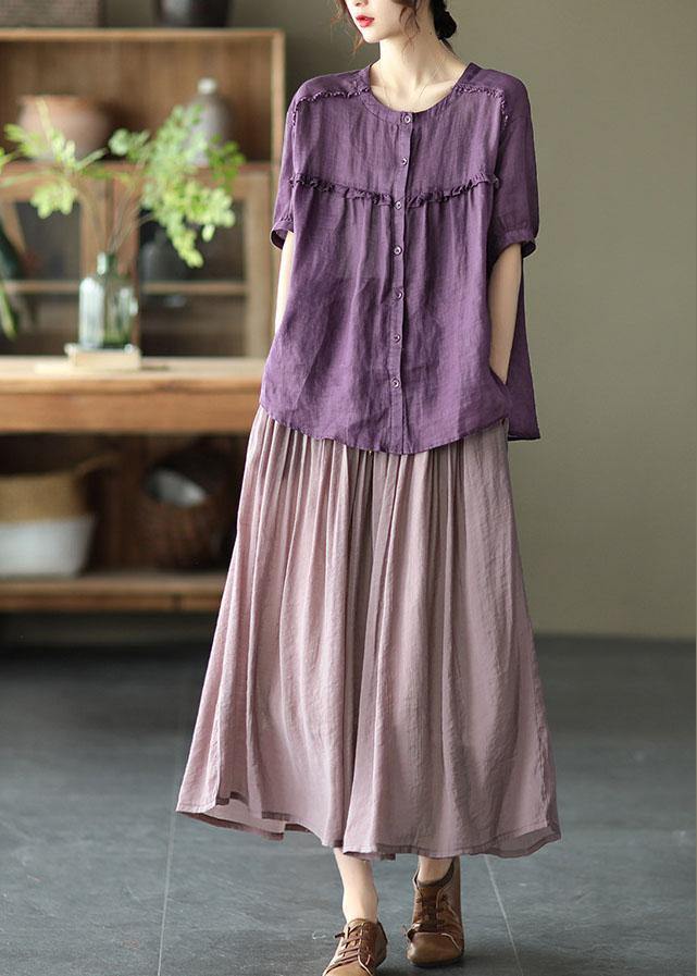 Vintage Light Purple Elegant Patchwork Tie Waist Summer Skirt Linen - SooLinen