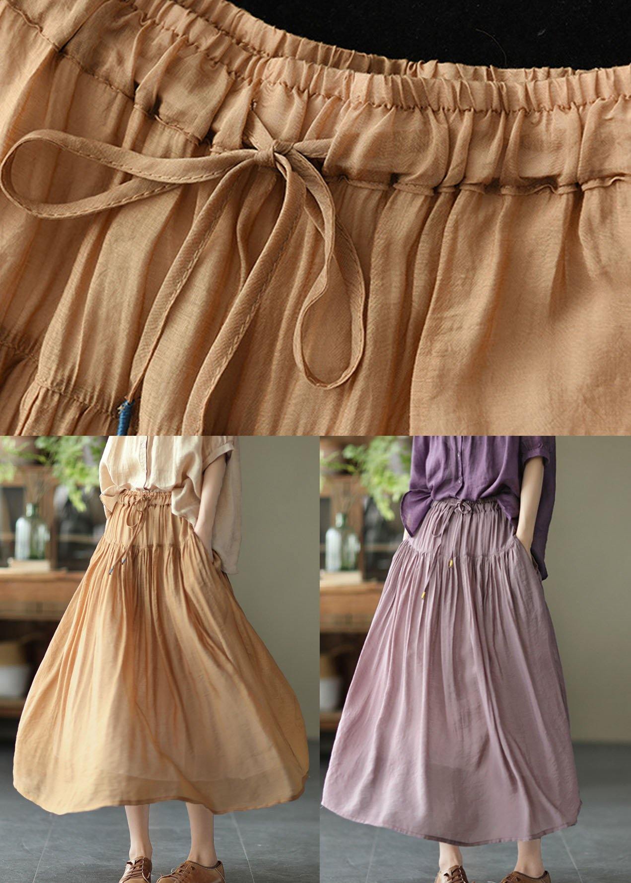 Vintage Light Purple Elegant Patchwork Tie Waist Summer Skirt Linen - SooLinen