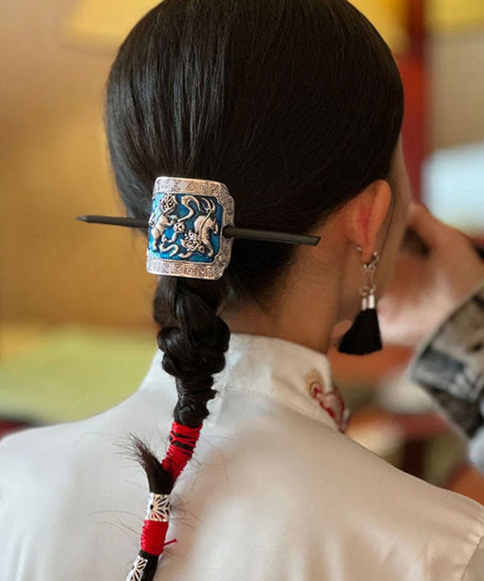 Horquilla vintage de plata de ley con esmalte cloisonné y urraca