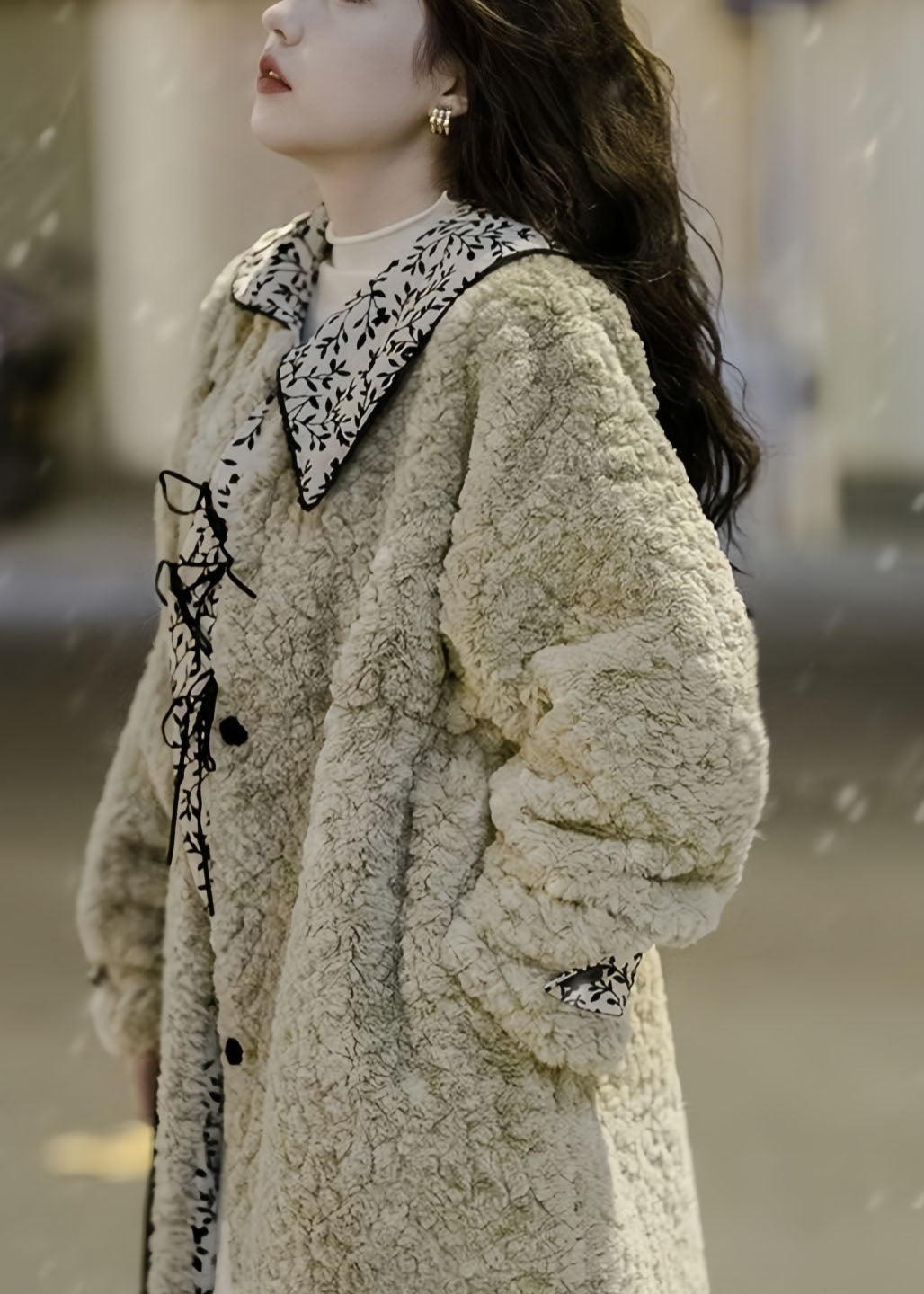 Vintage moosgrüner Peter-Pan-Kragen, Taschen, Patchwork, Kunstpelz, langer Wintermantel