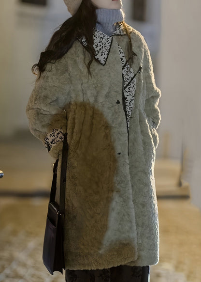 Vintage moosgrüner Peter-Pan-Kragen, Taschen, Patchwork, Kunstpelz, langer Wintermantel