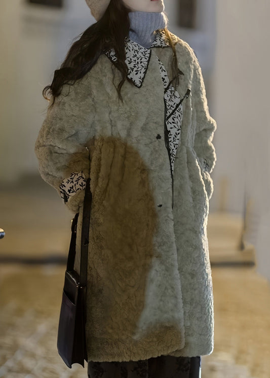 Abrigos largos de invierno vintage de piel sintética con cuello Peter Pan, bolsillos y patchwork en verde musgo.