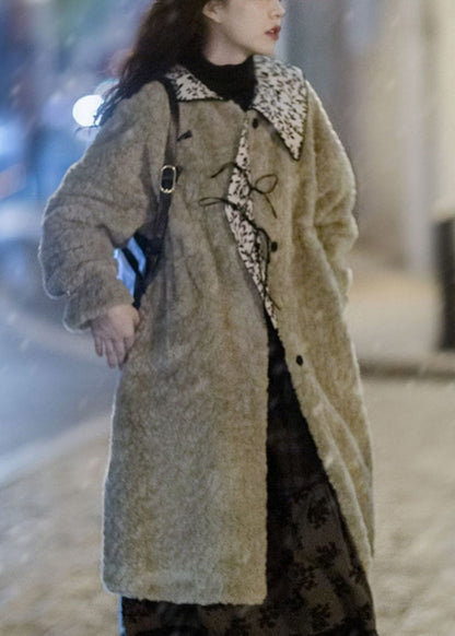 Vintage moosgrüner Peter-Pan-Kragen, Taschen, Patchwork, Kunstpelz, langer Wintermantel