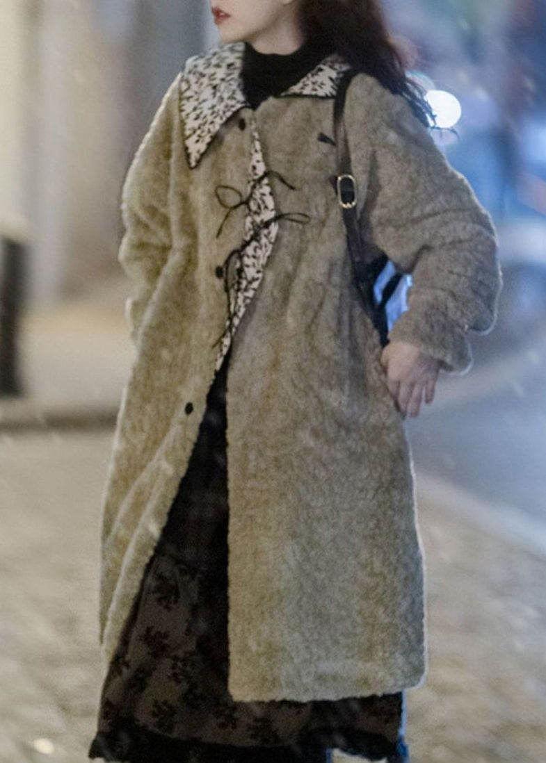 Vintage moosgrüner Peter-Pan-Kragen, Taschen, Patchwork, Kunstpelz, langer Wintermantel