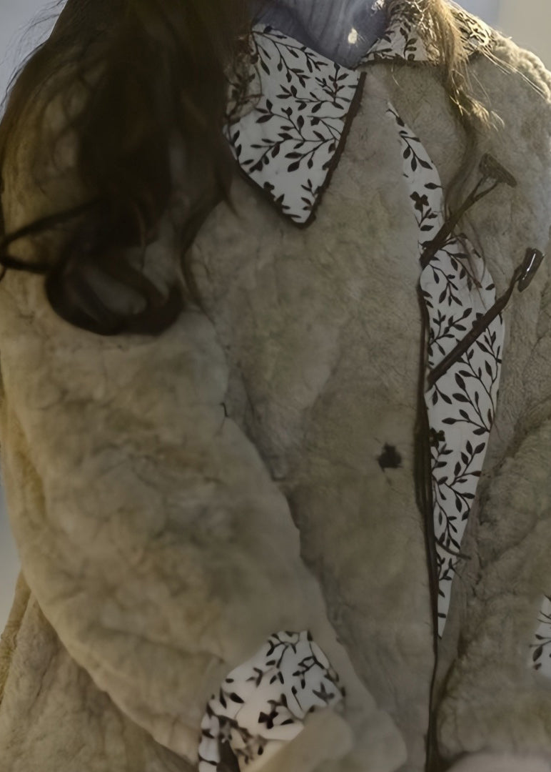 Vintage moosgrüner Peter-Pan-Kragen, Taschen, Patchwork, Kunstpelz, langer Wintermantel