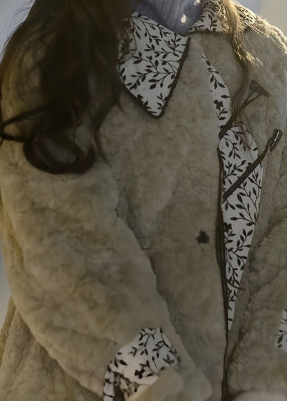 Vintage moosgrüner Peter-Pan-Kragen, Taschen, Patchwork, Kunstpelz, langer Wintermantel