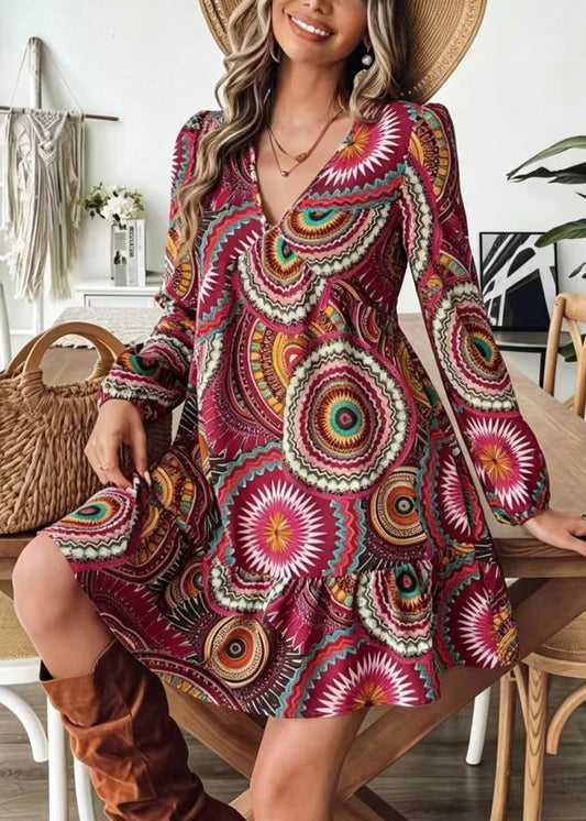 Vintage Mulberry V Neck Print Chiffon Vacation Dress Long Sleeve