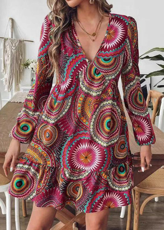 Vintage Mulberry V Neck Print Chiffon Vacation Dress Long Sleeve