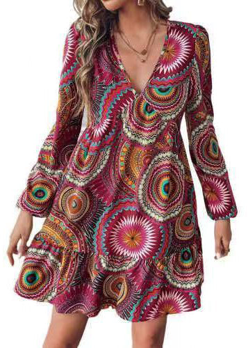 Vintage Mulberry V Neck Print Chiffon Vacation Dress Long Sleeve
