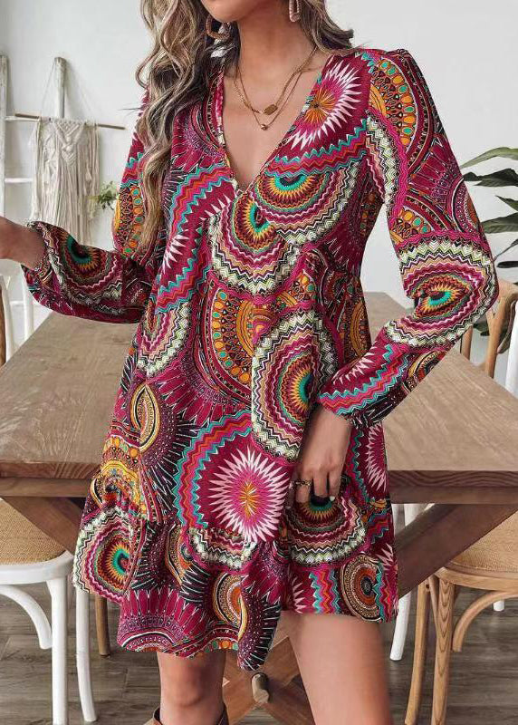 Vintage Mulberry V Neck Print Chiffon Vacation Dress Long Sleeve