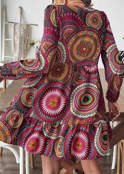 Vintage Mulberry V Neck Print Chiffon Vacation Dress Long Sleeve