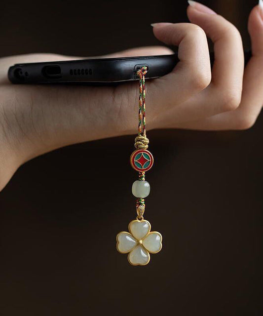 Vintage-Handyketten aus mehrfarbigem Sterlingsilber mit Jade-Einlage in Form eines vierblättrigen Kleeblatts