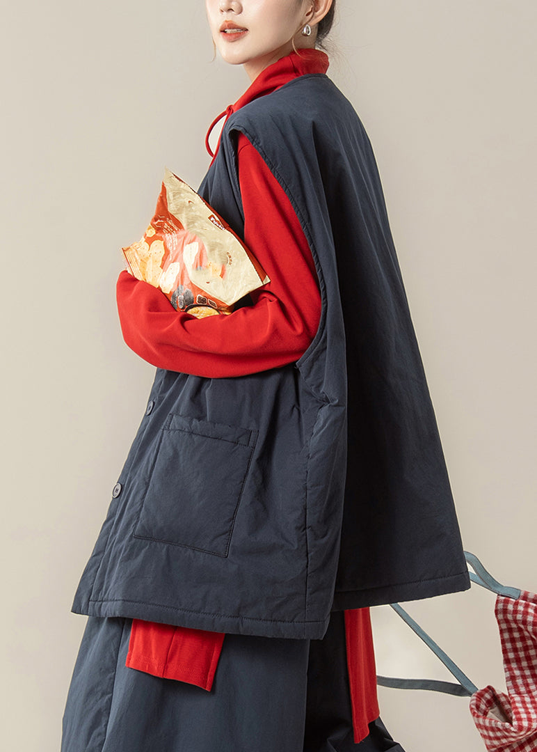 Conjunto de dos piezas vintage de chaleco y top rojo de algodón fino con patchwork azul marino para invierno.