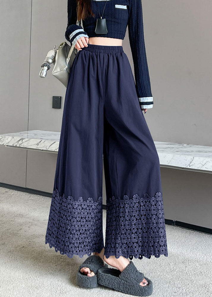 Pantalones cortos de algodón con bordado floral azul marino vintage para primavera