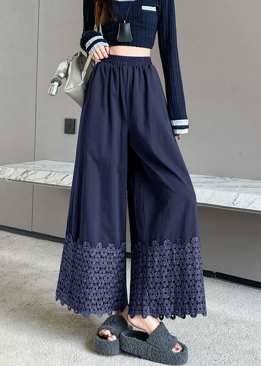 Pantalones cortos de algodón con bordado floral azul marino vintage para primavera