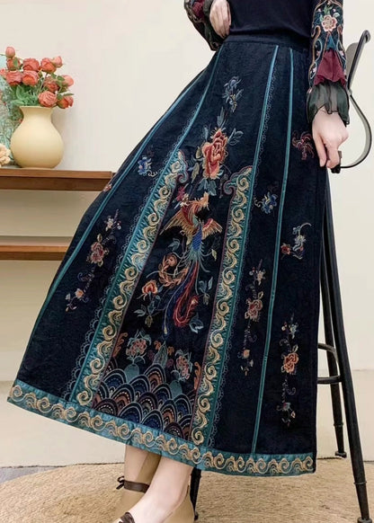 Vintage marineblauer bestickter Baumwollrock mit hohem Bund für den Herbst