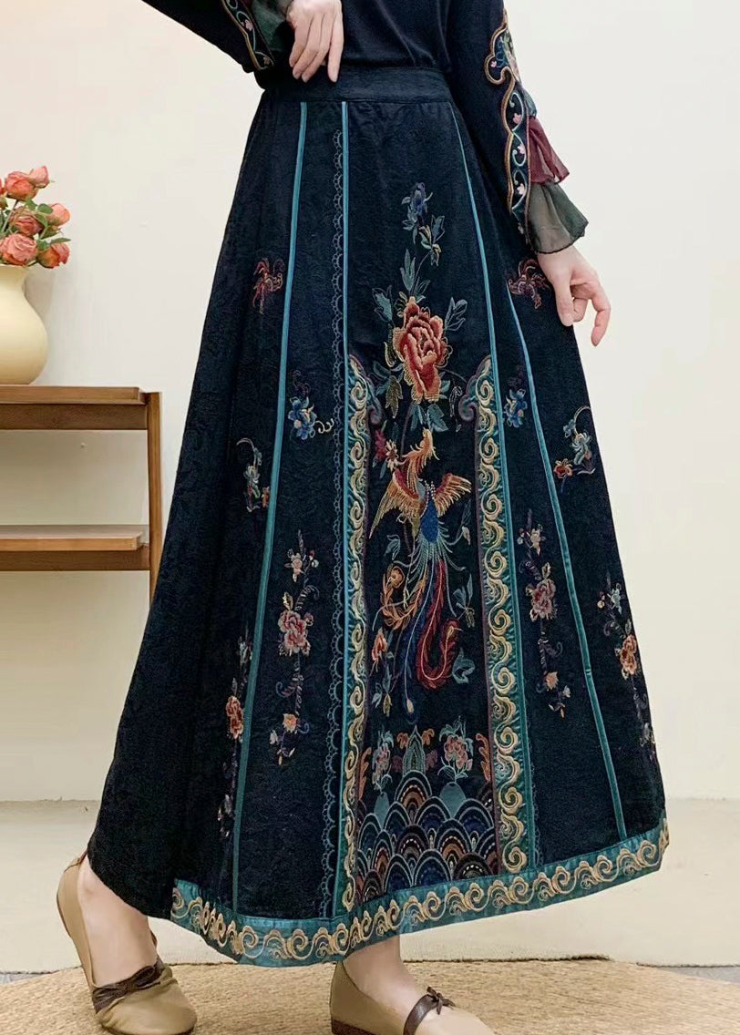 Vintage marineblauer bestickter Baumwollrock mit hohem Bund für den Herbst