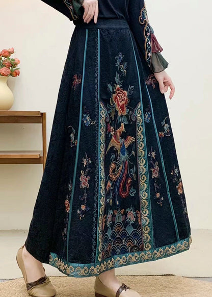 Vintage marineblauer bestickter Baumwollrock mit hohem Bund für den Herbst