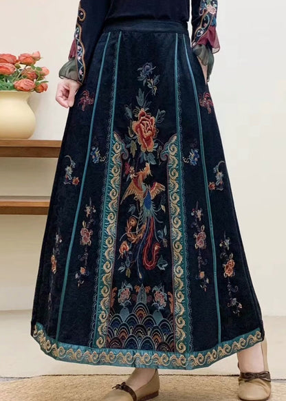 Vintage marineblauer bestickter Baumwollrock mit hohem Bund für den Herbst