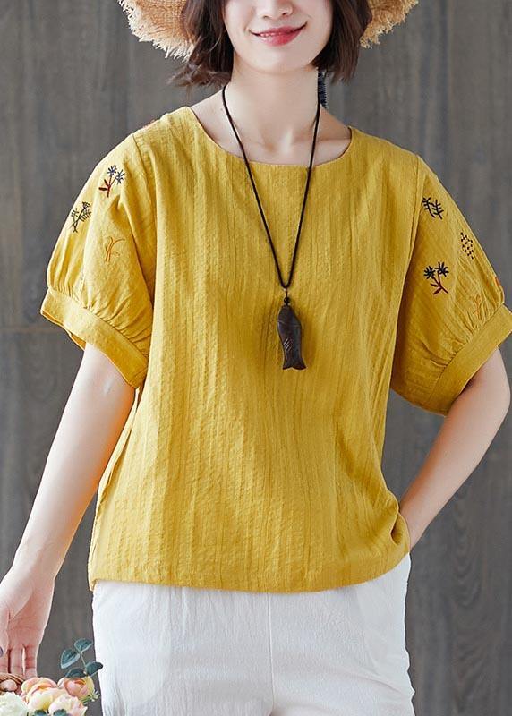 Vintage Navy Embroideried Cotton Linen T Shirts Summer - SooLinen