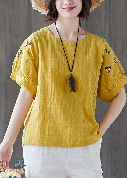 Vintage Navy Embroideried Cotton Linen T Shirts Summer - SooLinen