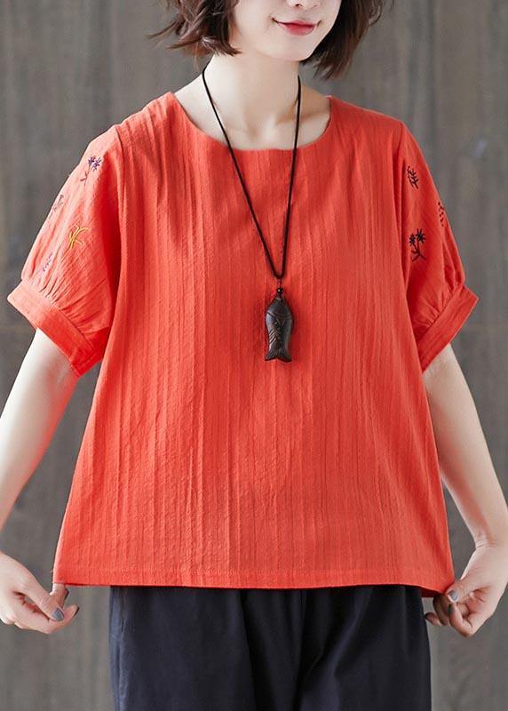 Vintage Navy Embroideried Cotton Linen T Shirts Summer - SooLinen