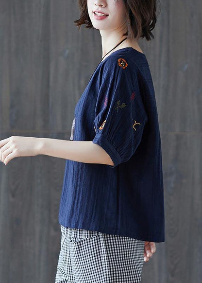 Vintage Navy Embroideried Cotton Linen T Shirts Summer - SooLinen