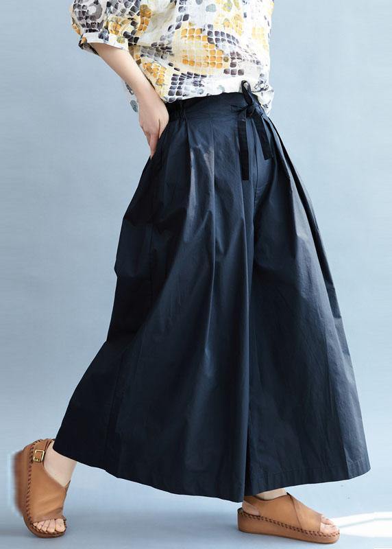 Vintage Navy Loose Wide Leg Tie Waist Fall Asymmetrical Design Pants - SooLinen