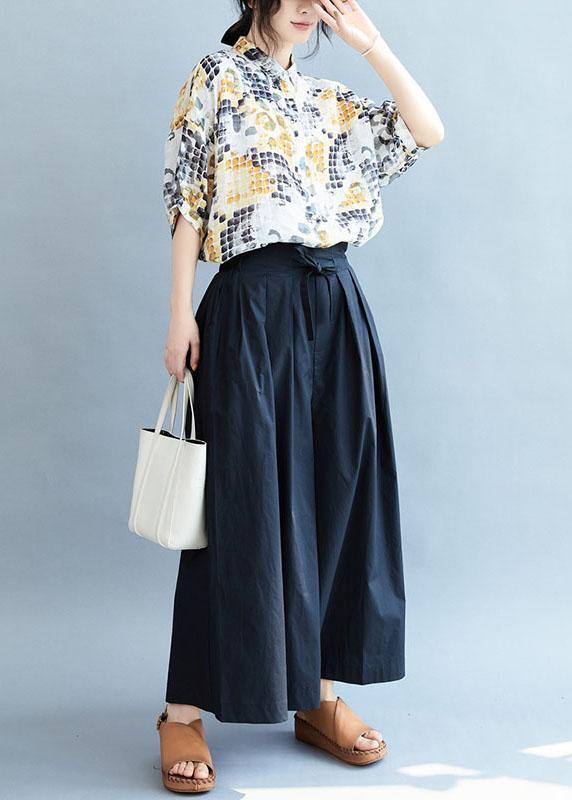 Vintage Navy Loose Wide Leg Tie Waist Fall Asymmetrical Design Pants - SooLinen