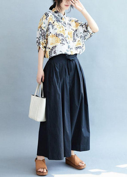 Vintage Navy Loose Wide Leg Tie Waist Fall Asymmetrical Design Pants - SooLinen