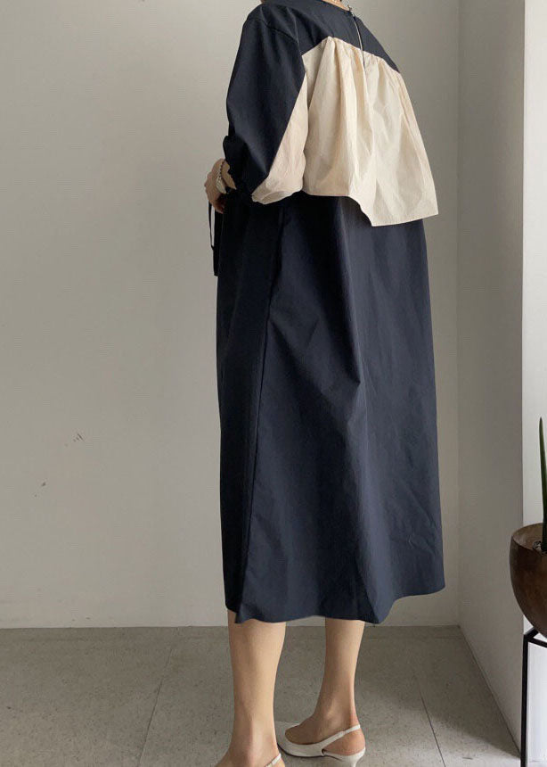 Vintage Navy O-Ausschnitt Krawatte Taille Baumwolle Mid Dress Halbarm Langes Kleid