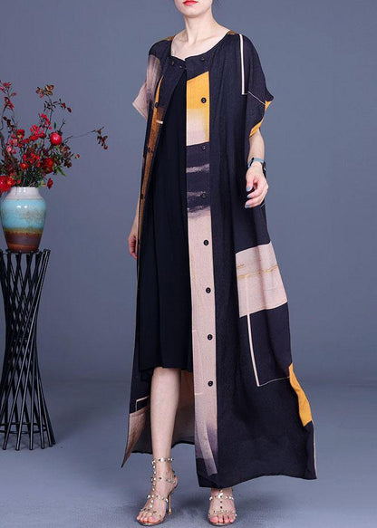 Vintage Navy Print Button Cardigans Two Pieces Set - SooLinen