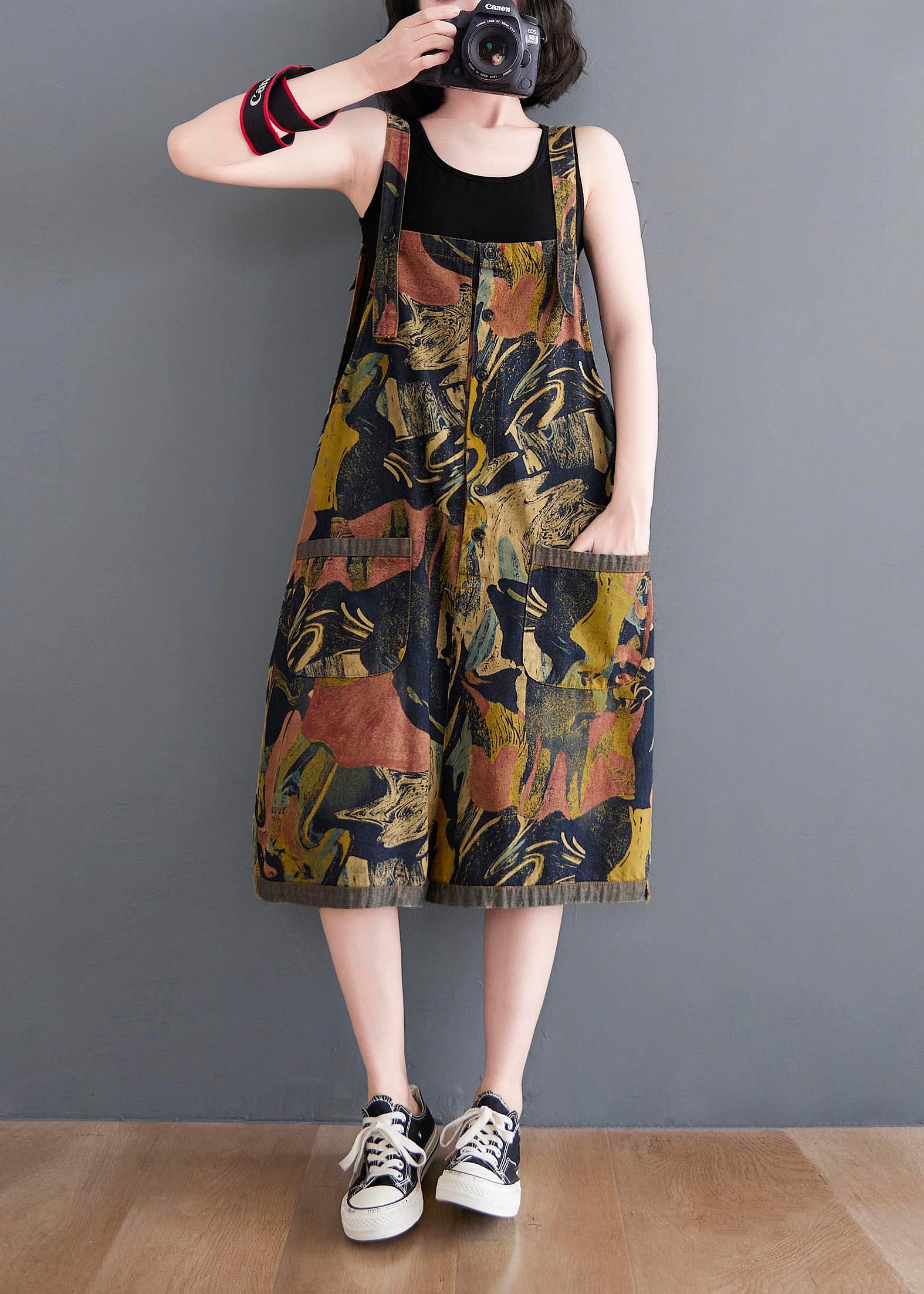 Vintage Navy Print Button Summer Romper - SooLinen