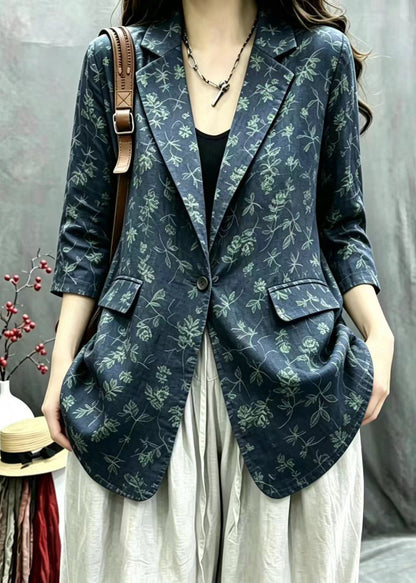 Vintage Navy Print Notched One Button Jacket Fall