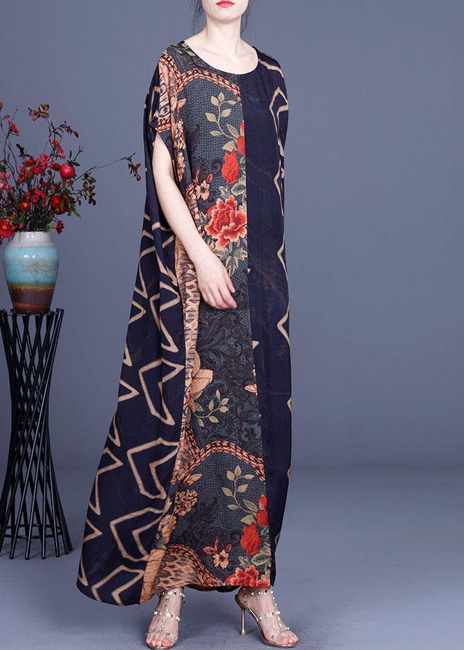 Vintage Navy Print Patchwork Batwing Sleeve Silk Long Dress Summer - SooLinen
