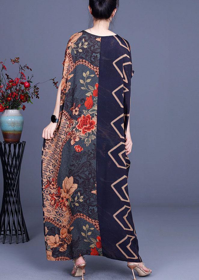 Vintage Navy Print Patchwork Batwing Sleeve Silk Long Dress Summer - SooLinen
