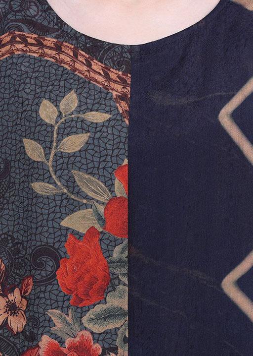 Vintage Navy Print Patchwork Batwing Sleeve Silk Long Dress Summer - SooLinen