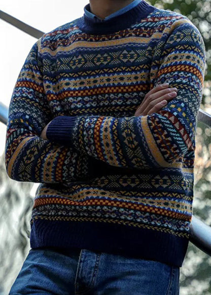 Vintage Navy Striped Cozy Patchwork Knit Men Sweater Winter