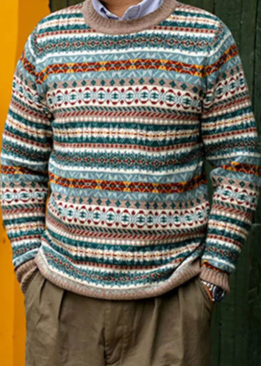 Vintage Navy Striped Cozy Patchwork Knit Men Sweater Winter