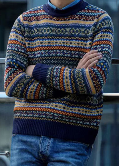 Vintage Navy Striped Cozy Patchwork Knit Men Sweater Winter