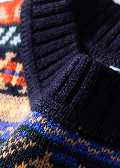 Vintage Navy Striped Cozy Patchwork Knit Men Sweater Winter