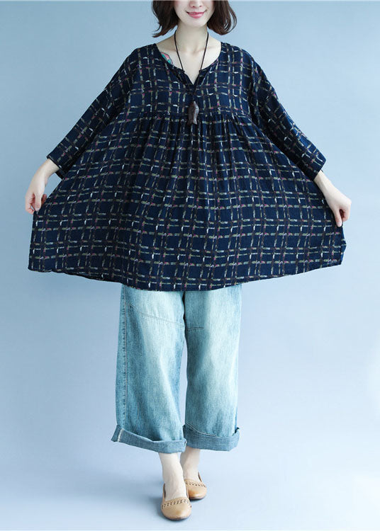 Vintage Navy V-Ausschnitt Print Patchwork Herbst Shirt Dreiviertelärmel