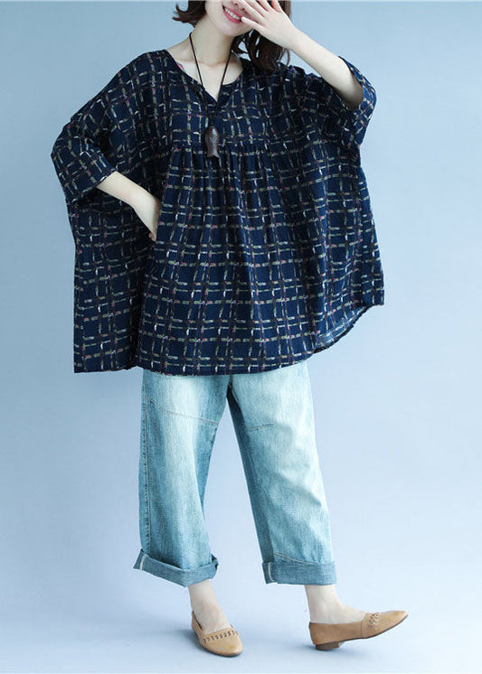 Vintage Navy V-Ausschnitt Print Patchwork Herbst Shirt Dreiviertelärmel