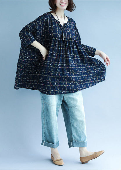 Vintage Navy V-Ausschnitt Print Patchwork Herbst Shirt Dreiviertelärmel