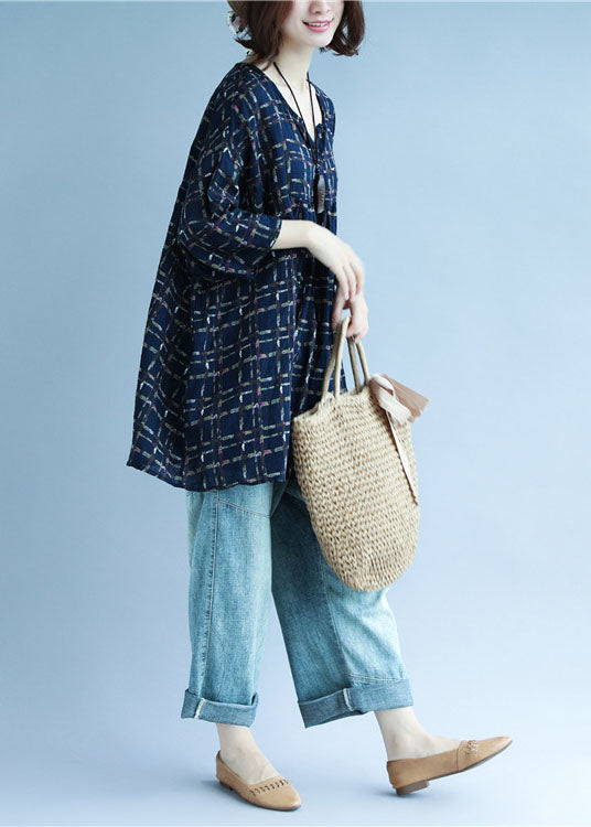 Vintage Navy V-Ausschnitt Print Patchwork Herbst Shirt Dreiviertelärmel