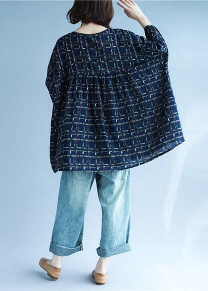 Vintage Navy V-Ausschnitt Print Patchwork Herbst Shirt Dreiviertelärmel