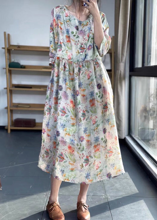 Vintage O Neck Print Patchwork Baumwolle Kleid Armband Ärmel